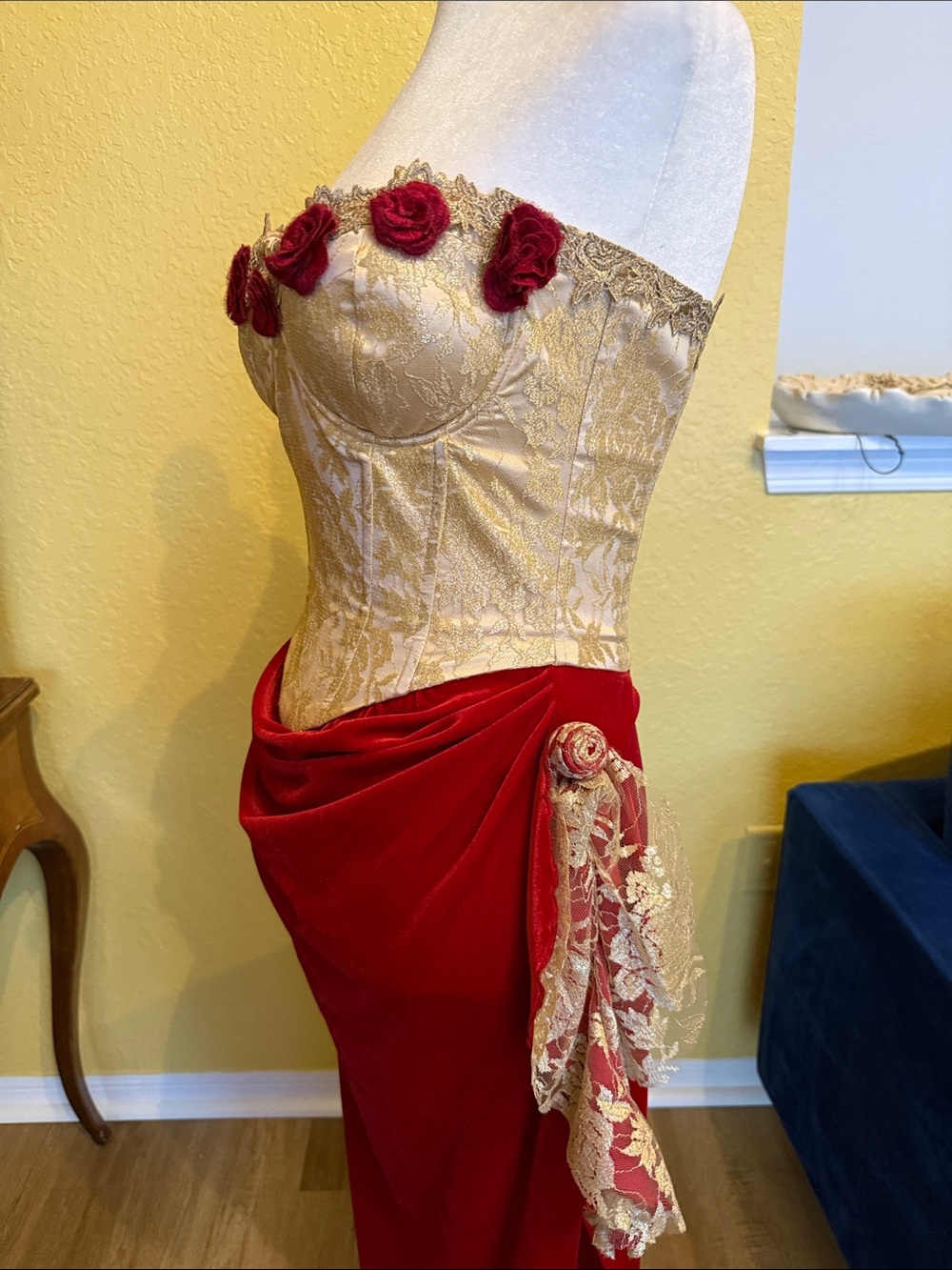 Red and Gold Floral-Trim Maxi Dress - Picture 6 of 10